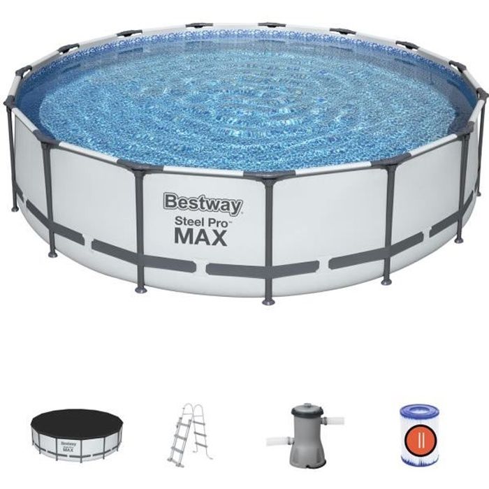 Piscine hors sol tubulaire BESTWAY Steel Pro Max™- 457 x 107 cm - Ronde (Avec pompe de filtration, échelle + bâche)