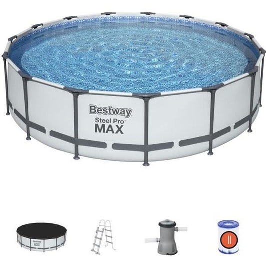 Piscine hors sol tubulaire BESTWAY Steel Pro Max™- 457 x 107 cm - Ronde (Avec pompe de filtration, échelle + bâche)