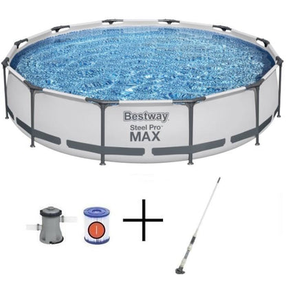Kit Piscine hors sol tubulaire BESTWAY - Steel Pro Max™ - 366 x 76 cm - Ronde + Balai aspirateur électrique Aquascan - homidiscount