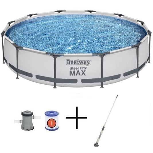 Kit Piscine hors sol tubulaire BESTWAY - Steel Pro Max™ - 366 x 76 cm - Ronde + Balai aspirateur électrique Aquascan - homidiscount