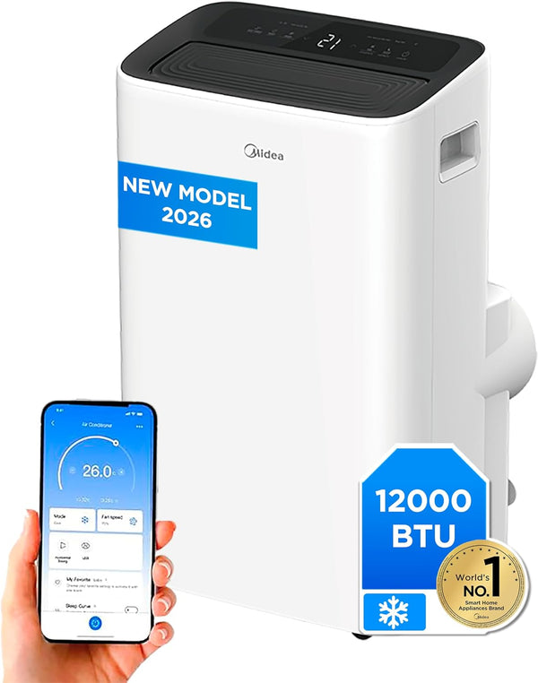 MIDEA Climatiseur Mobile Silencieux 12000 BTU avec Évacuation | 4 en 1: Climatisation, Ventilation, Déshumidification, Sleep | Clim Portable avec Contrôle App & Télécommande | Kit de Fenêtre Inclus [Classe énergétique A] - homidiscount