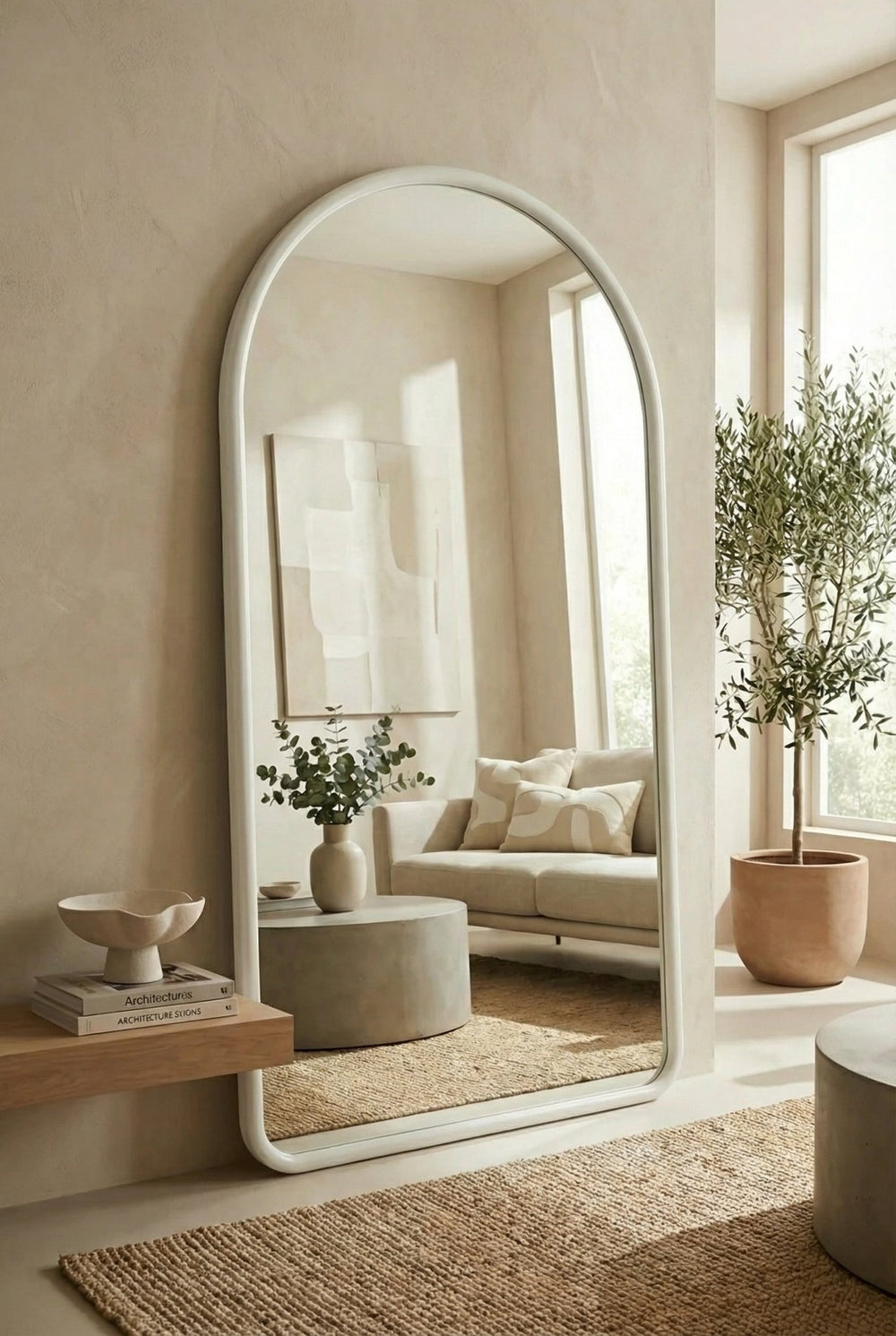Miroir Labarre à cadre blanc cassé et bords incurvés - homidiscount