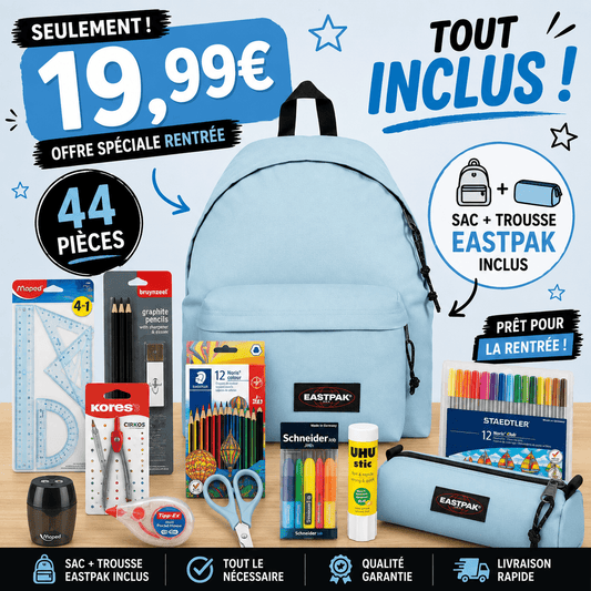 Pack Fournitures Scolaires + Sac & Trousse Eastpak (Bleu) - gobonplan
