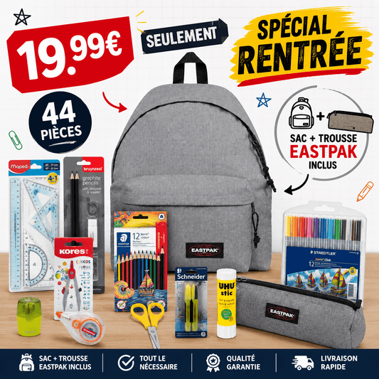 Pack Fournitures Scolaires + Sac & Trousse Eastpak (Gris) - gobonplan
