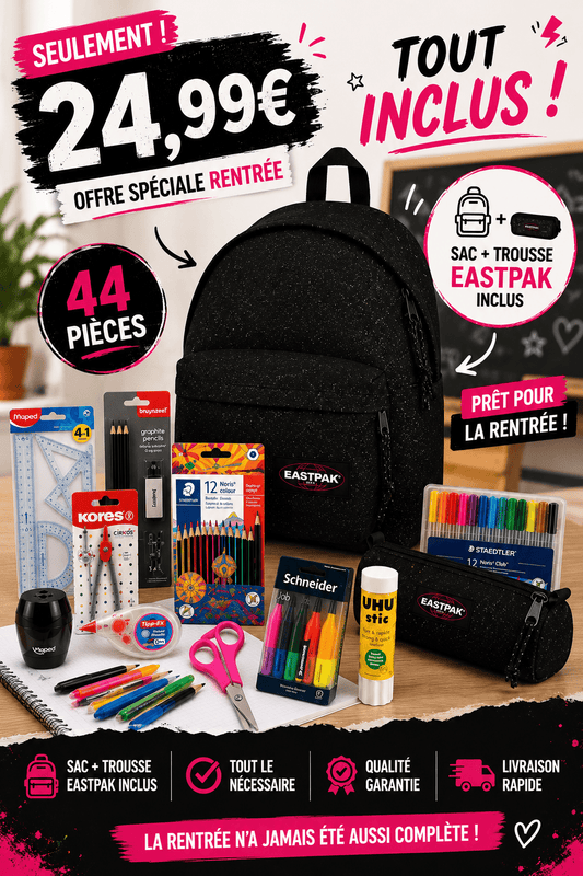 Pack Fournitures Scolaires + Sac & Trousse Eastpak (Noir Paillettes) - gobonplan