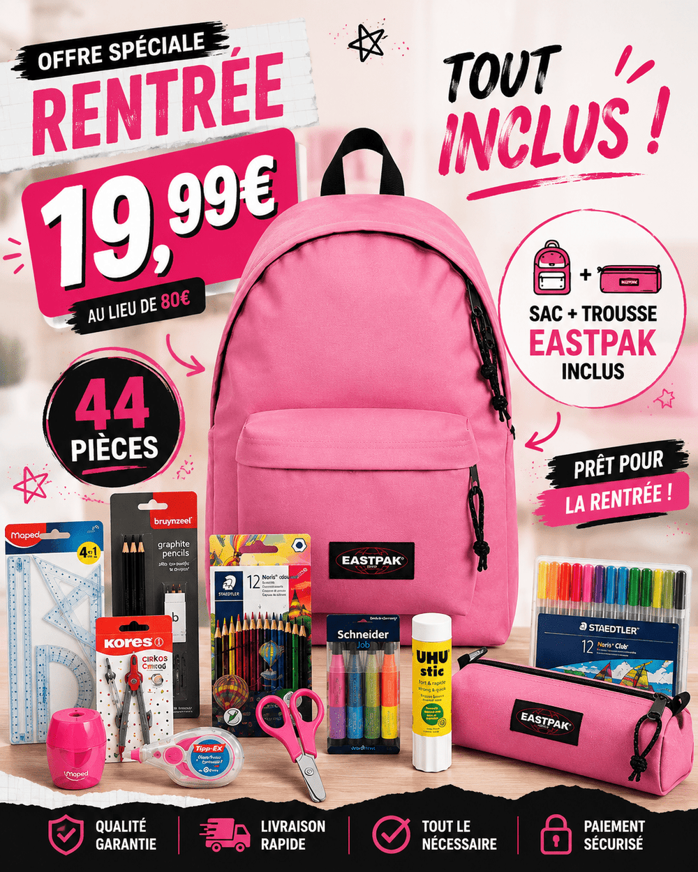 Pack Fournitures Scolaires + Sac & Trousse Eastpak (Rose)