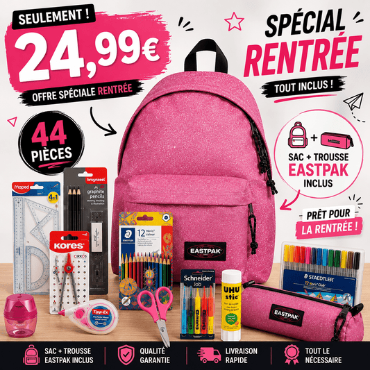 Pack Fournitures Scolaires + Sac & Trousse Eastpak (Rose Paillettes) - gobonplan