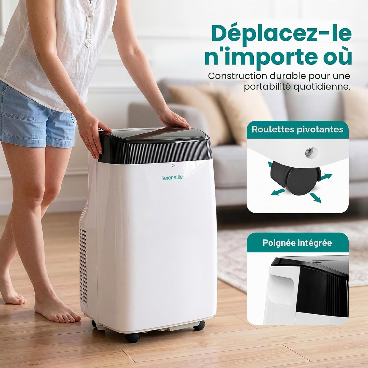 SereneLife Climatiseur Mobile Silencieux,9000 BTU,Climatiseur Portable 3-en-1 avec Fonction Déshumidificateur Intégré,Mode Ventilateur,Télécommande,Kit d'Évacuation Complet Montable sur Fenêtre,Blanc [Classe énergétique A] - homidiscount