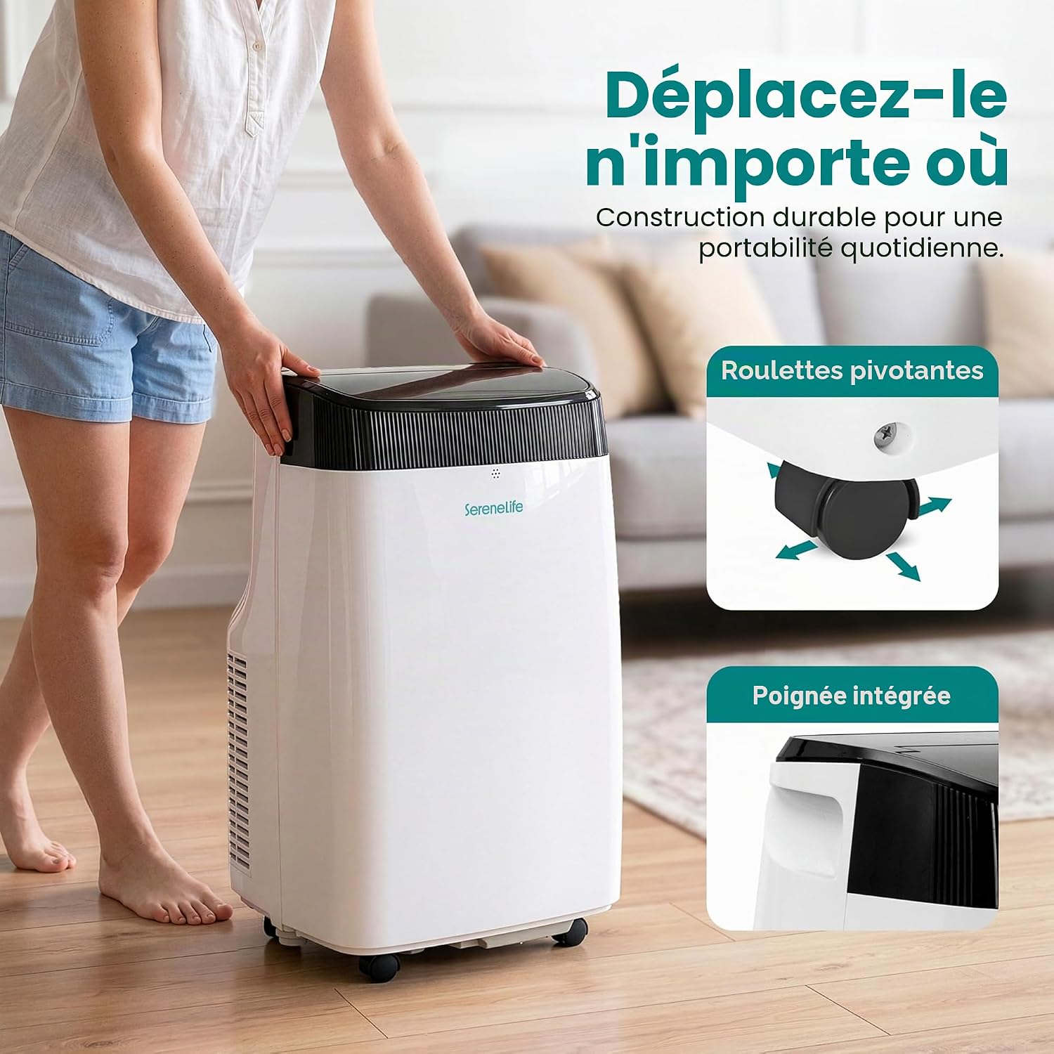 SereneLife Climatiseur Mobile Silencieux,9000 BTU,Climatiseur Portable 3-en-1 avec Fonction Déshumidificateur Intégré,Mode Ventilateur,Télécommande,Kit d'Évacuation Complet Montable sur Fenêtre,Blanc [Classe énergétique A] - homidiscount