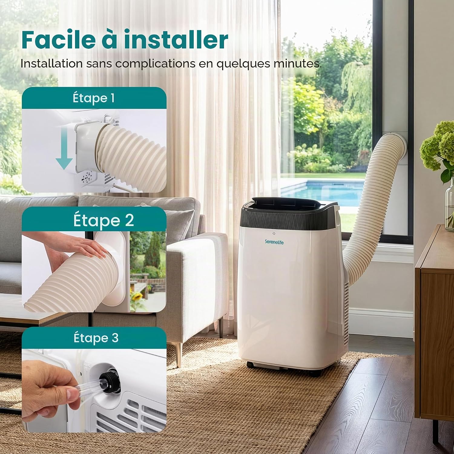 SereneLife Climatiseur Mobile Silencieux,9000 BTU,Climatiseur Portable 3-en-1 avec Fonction Déshumidificateur Intégré,Mode Ventilateur,Télécommande,Kit d'Évacuation Complet Montable sur Fenêtre,Blanc [Classe énergétique A] - homidiscount