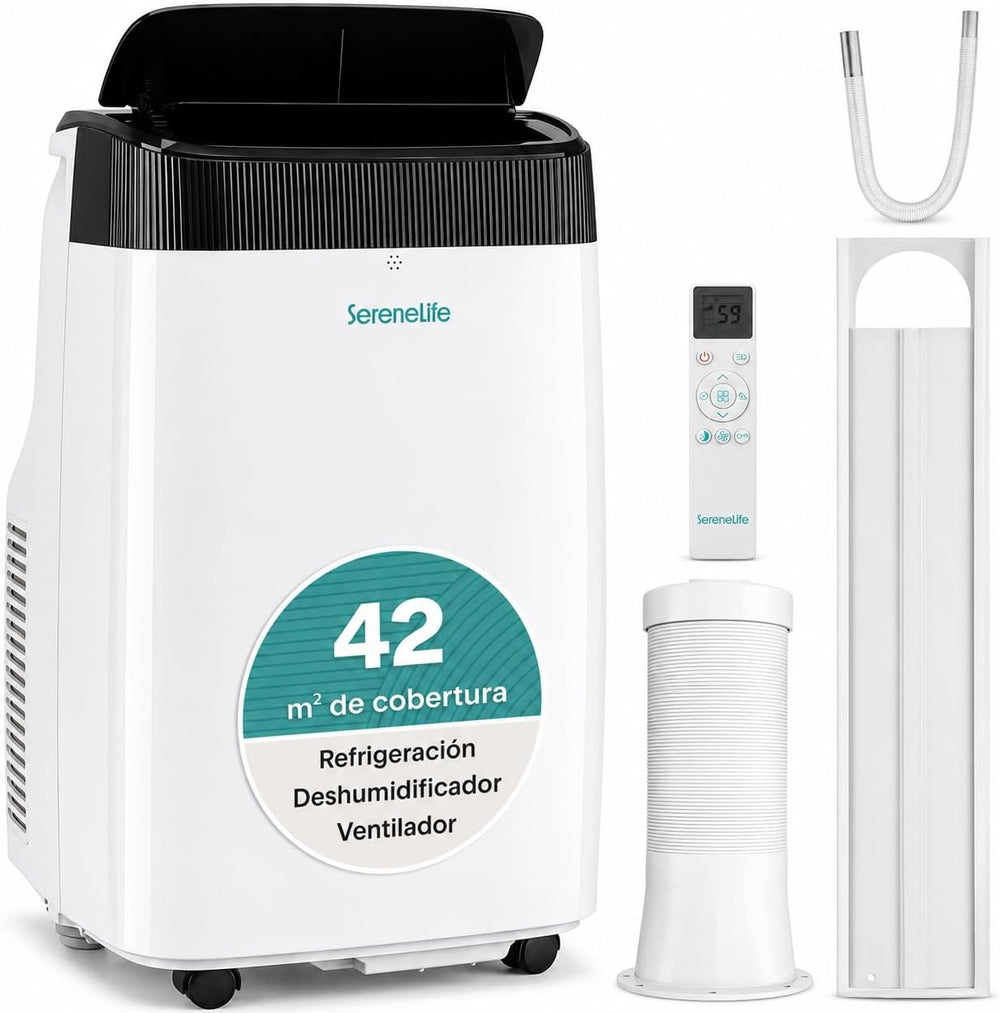 SereneLife Climatiseur Mobile Silencieux,9000 BTU,Climatiseur Portable 3-en-1 avec Fonction Déshumidificateur Intégré,Mode Ventilateur,Télécommande,Kit d'Évacuation Complet Montable sur Fenêtre,Blanc [Classe énergétique A] - homidiscount